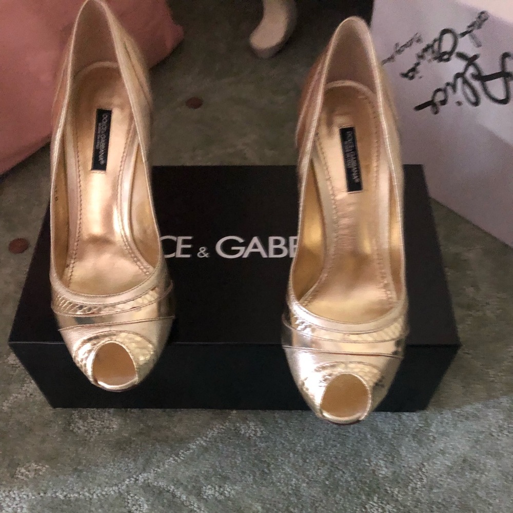 Dolce and Gabbana gold peep toe heels